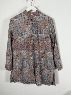 Keris Fashion Womens Batik Mixed Print Mock Neck Loop Button Tunic Blouse Arsty